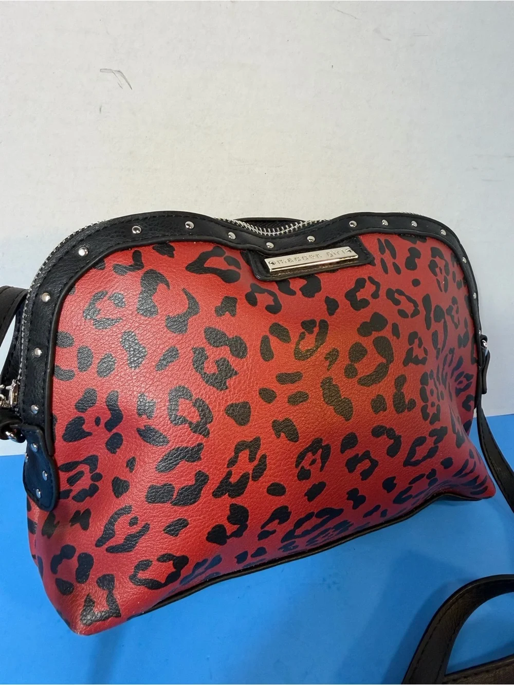 Red Leopard Print Crossbody Bag with Black Trim